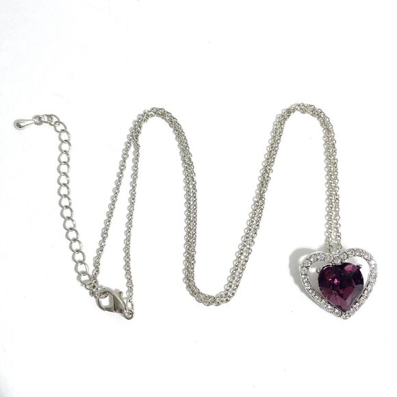 Purple Rhinestone Heart Pendant Necklace Silver Tone Dainty Chain Birthstone - Picture 7 of 7